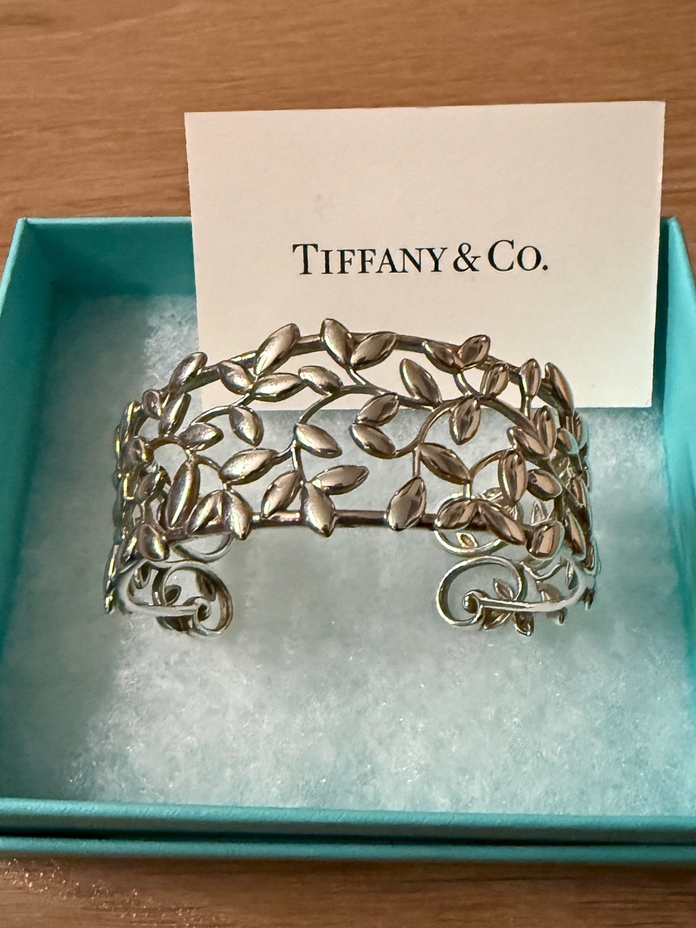 Tiffany & Co. Silver Leaf Motif Open Cuff Bracelet with Blue Box - Medium